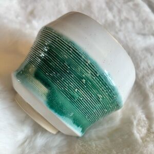 Handmade Green & White Pottery Cup | Artisan Ceramic Bowl